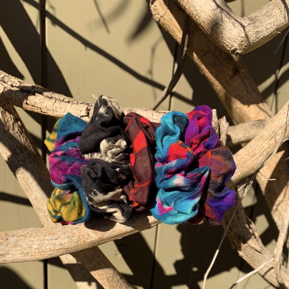 Hair scrunchies, hand tie dye scrunchies.